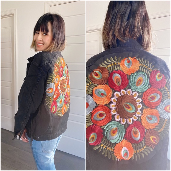 Boho Floral embroidered Distressed denim jean jacket - Picture 9 of 16